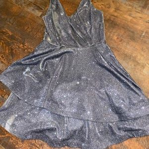 short tiered grey with sparkles prom dress